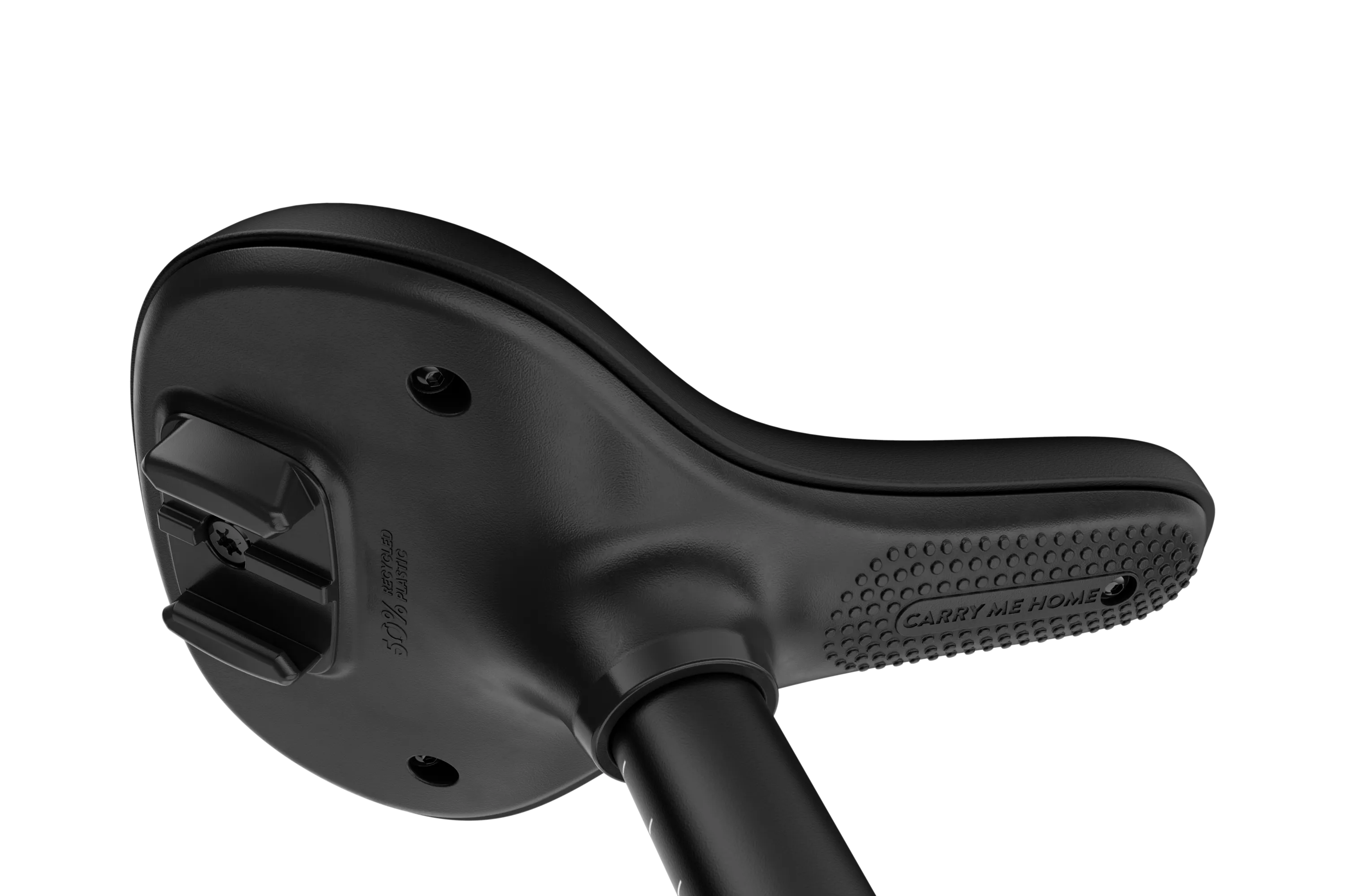 Detailaanzicht van de onderkant van het zadel met textuur, waardoor de woom GO 1 PLUS-loopfiets gemakkelijk kan worden gedragen