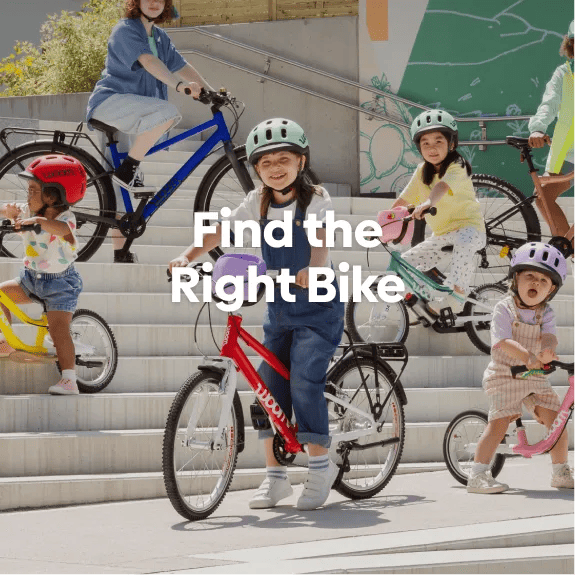 An image of several children posing and smiling on outdoor steps with various sizes and colors of GO, EXPLORE, and OFF bikes with the text “Find the Right Bike” overlaid.