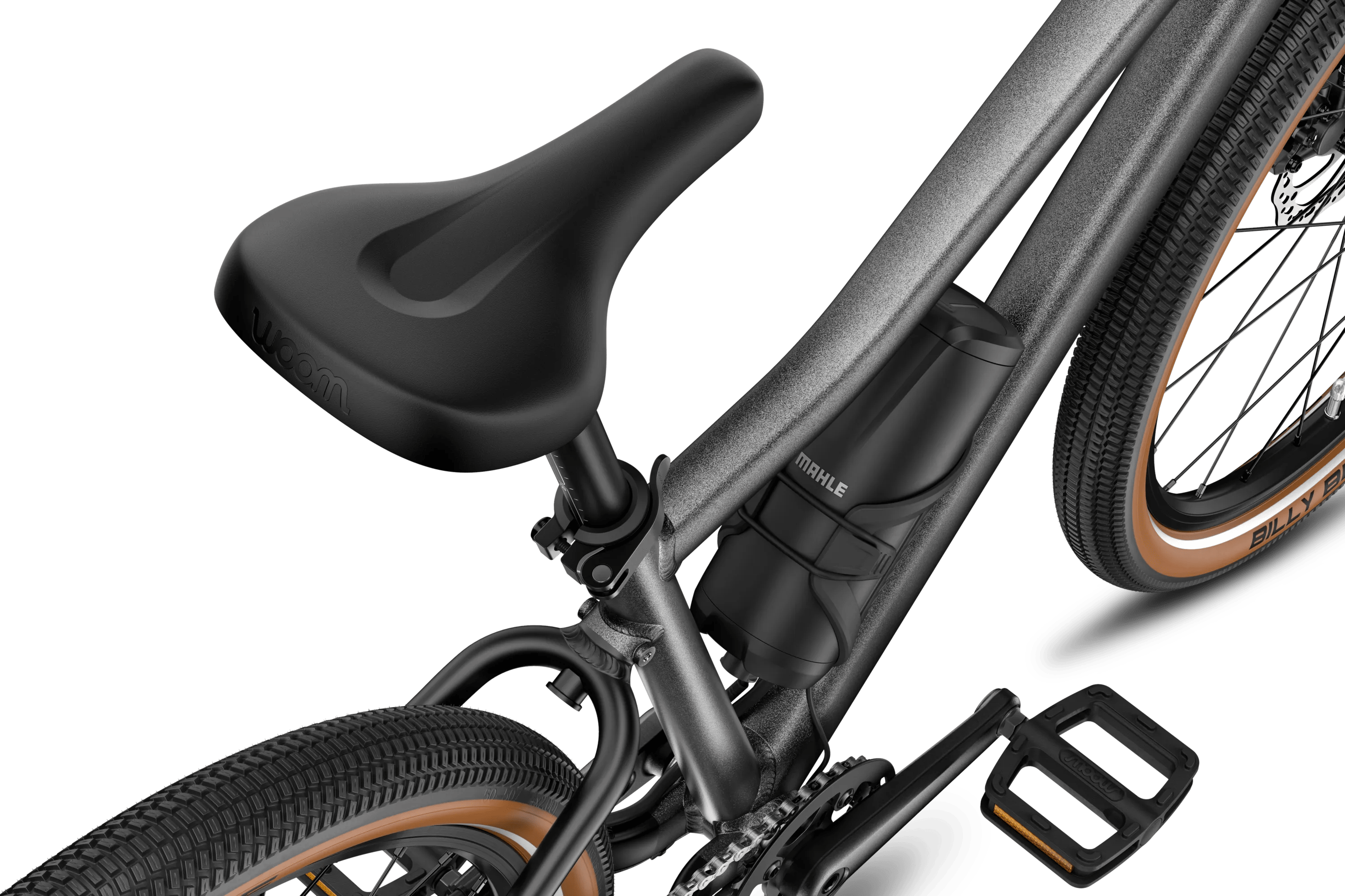 Gros plan sur la selle noire du woom EXPLORE e 5.